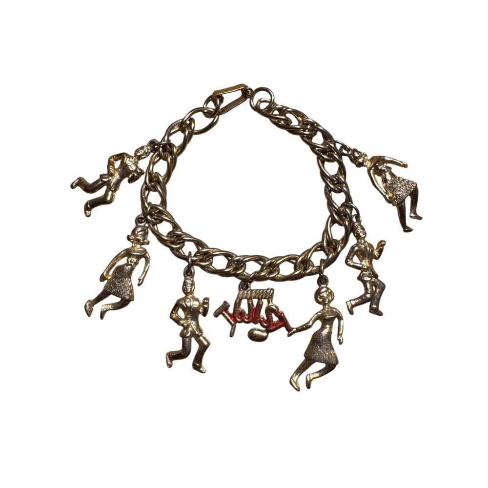 Vintage 1960s The Twist Dance Charm Bracelet Gold Tone Red Enamel Dancers 7"